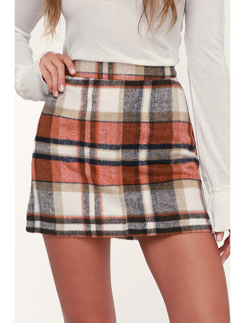 Lulus Mad for Plaid Cream and Orange Plaid Mini Skirt