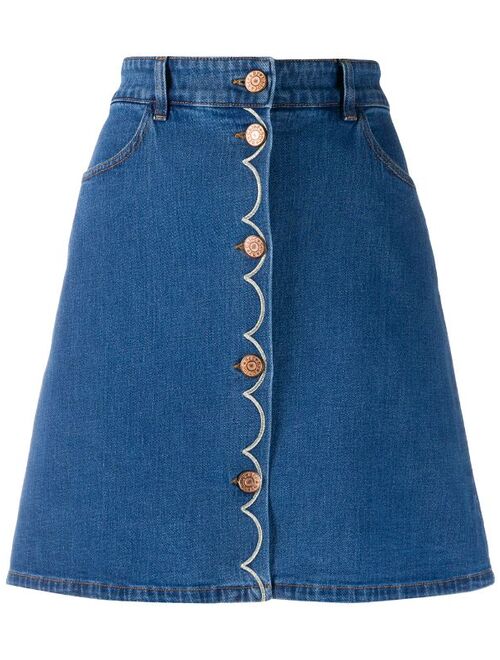 button down embroidered denim mini skirt