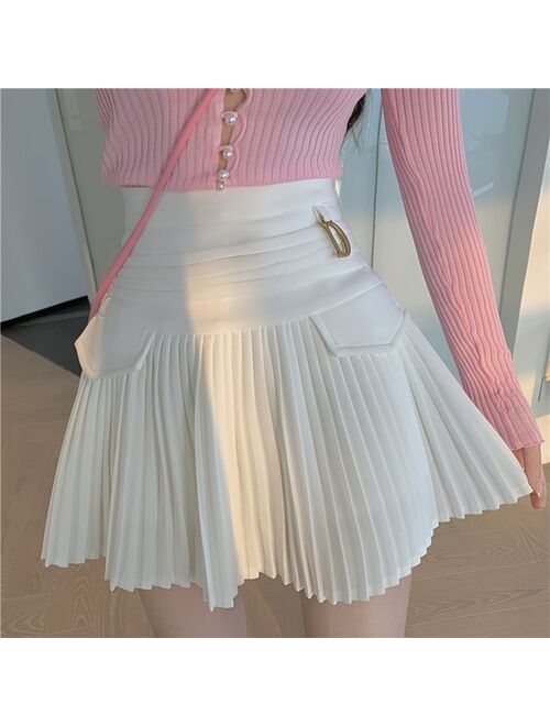 Black Pleated Skirts Women High Waist Mini Skirt Metal Letter D Design A-Line Clubwear Korean Sexy Streetwear Show Casual Z325