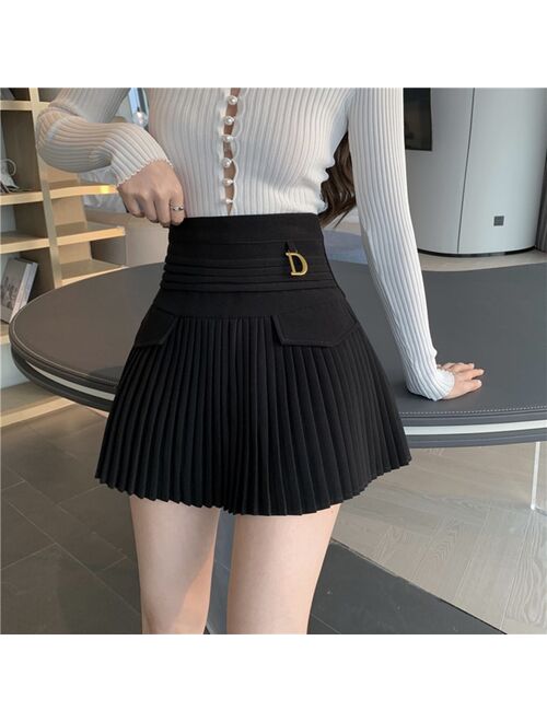 Black Pleated Skirts Women High Waist Mini Skirt Metal Letter D Design A-Line Clubwear Korean Sexy Streetwear Show Casual Z325