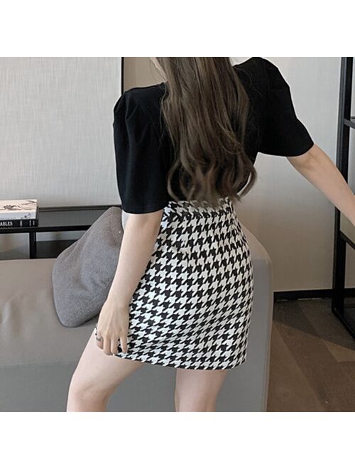 Houndstooth Plaid Print Summer Mini Skirts Women High Waist Zipper Korean Sheath Bodycorn Skirts Black A-Line Streetwear Z350