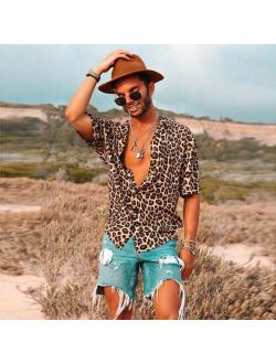 Men Vintage Leopard Print Shirts Summer Casual Short Sleeve Streetwear loose Shirts Man Male Fashion Shirt Tops Plus Size S-3XL