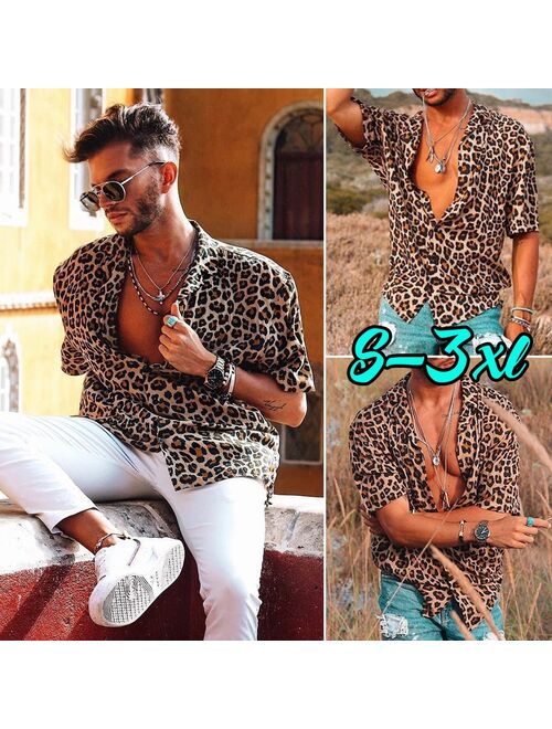 Men Vintage Leopard Print Shirts Summer Casual Short Sleeve Streetwear loose Shirts Man Male Fashion Shirt Tops Plus Size S-3XL
