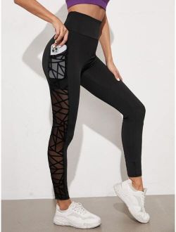Mesh Insert Wide Waistband Leggings With Phone Pocket