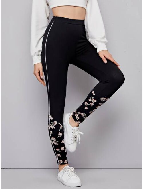 SHEIN Contrast Piping Floral Print Leggings