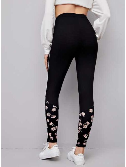 SHEIN Contrast Piping Floral Print Leggings