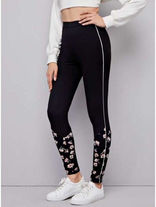 SHEIN Contrast Piping Floral Print Leggings