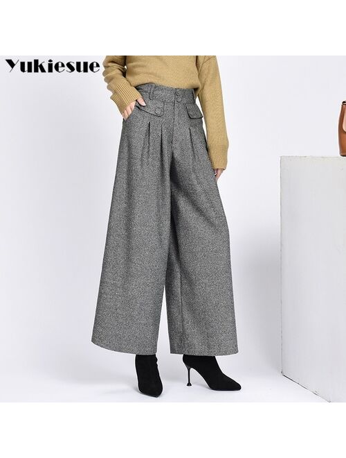 2020 winter warm wool women's pants female high waist pleated wide leg pants capris for women trousers woman Plus size 4xl