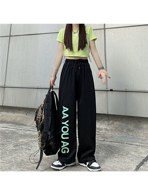 2021 Tide brand pants women's autumn loose ins Harajuku style bf high-waist straight-leg pants casual wide-leg sports trousers