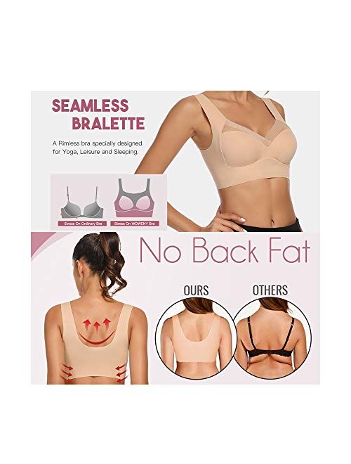 Seamless Mesh Lace Bras for Women Wirefree Comfortable Padded Lift Push Up Thin Soft Back Smoothing Bra