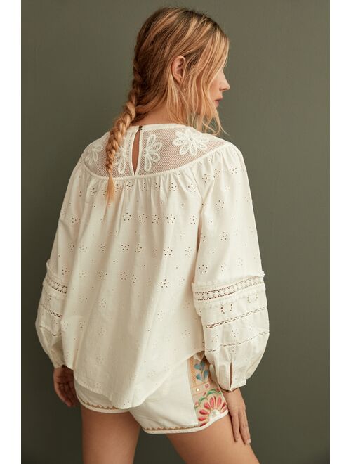Anthropologie Puff-Sleeved Lace Blouse