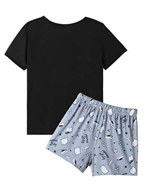 VENTELAN Pajama Set for Women Cute PJS Summer Short Sleeve Shorts Sleepwear