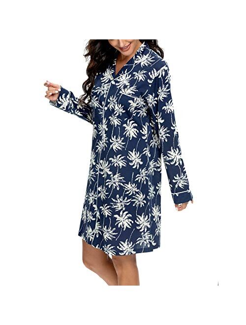 Tugege Nightgowns for Women Sleepwear V-Neck Button Down Night Shirt Long Sleeve Printed Pajamas Sleepshirts