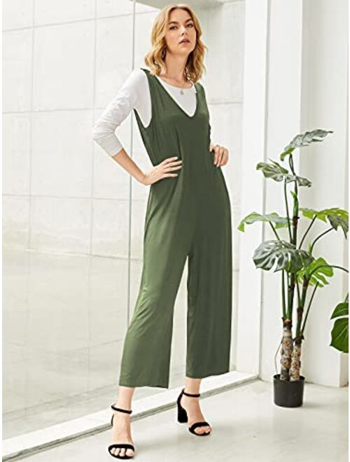 Celmia Women's Casual Sleeveless Jumpsuits V Neck Rompers Backless Wide Leg Pants