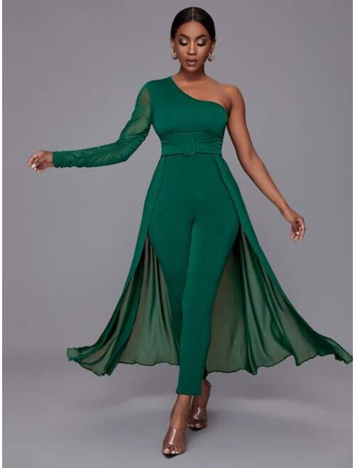 Shein One Shoulder Ruched Sleeve Wrap Skirt Jumpsuit
