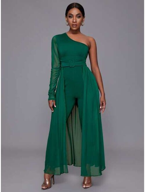 Shein One Shoulder Ruched Sleeve Wrap Skirt Jumpsuit