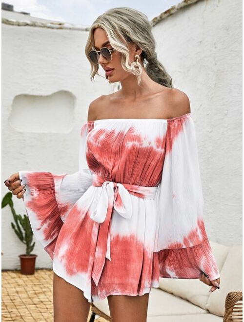 SHEIN Exaggerate Fluted Sleeve Tie Dye Bardot Romper