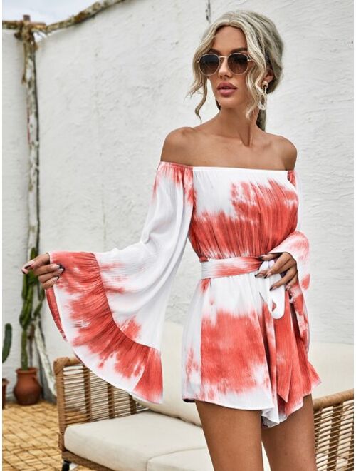 SHEIN Exaggerate Fluted Sleeve Tie Dye Bardot Romper