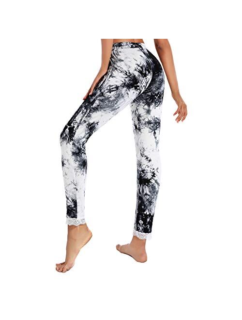 PinCool Tie Dye Pajama Pants for Women Ultra-Soft Sleepwear Elastic Waistband Lightweight Lounge Bottoms with Lace Hem