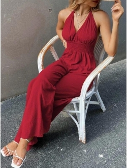 Tied Backless Shirred Jumpsuit