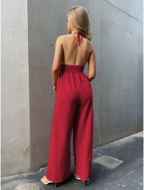 Shein Tied Backless Shirred Jumpsuit