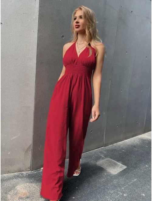 Shein Tied Backless Shirred Jumpsuit