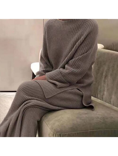 Women Knitted Tracksuit O-neck Sweater Casual Suit 2021 Autumn Winter 2 Piece Set Knit Wide Leg Pants Elegant Suit Femme Clothes