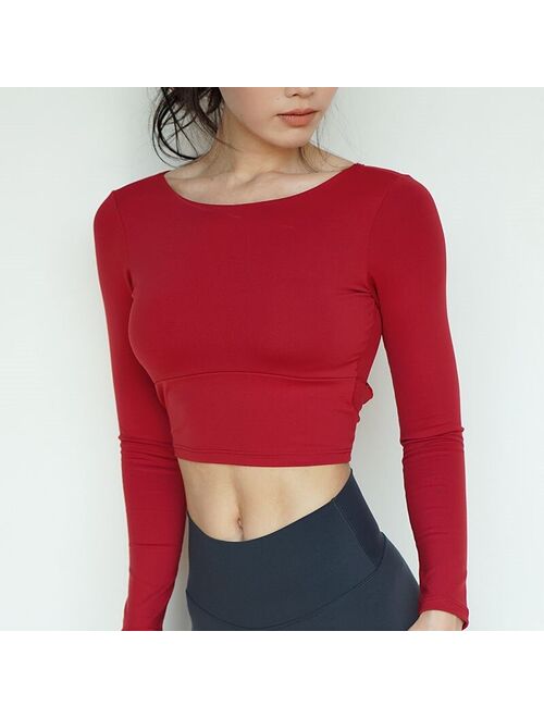Sexy Open Back Tight Sport Top Gym Yoga Shirts Women Long Sleeve Plus Size Fitness Crop Top with Built In Bra Running Clothing