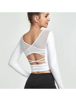 Sexy Yoga Top with Built In Bra Quick Dry Crop Top Workout Shirts White Long Sleeve Sports Top Mesh splice Fitness Shirt