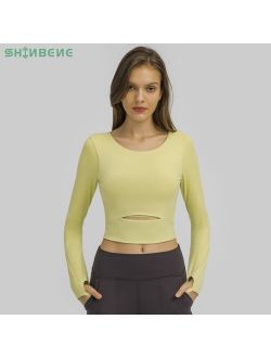 SHINBENE CUTOUT Padded Yoga Long Sleeve Crop Top Pullover Women O Neck Plus Size Fitness Workout Sport Jersey with Built In Bra