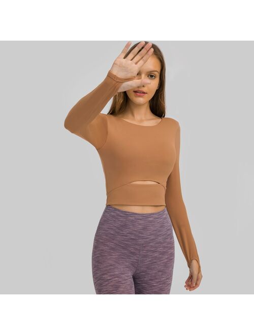 SHINBENE CUTOUT Padded Yoga Long Sleeve Crop Top Pullover Women O Neck Plus Size Fitness Workout Sport Jersey with Built In Bra