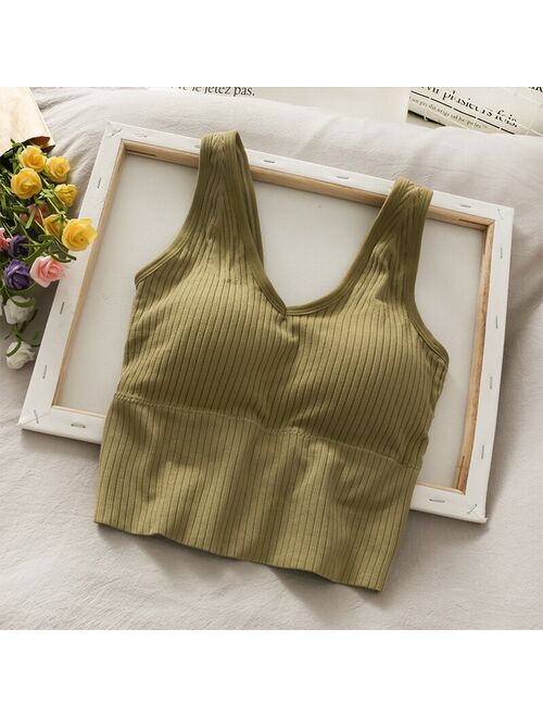 New 2021 crop tops fashion tank top women built in bra off shoulder slim fit camisole sleeveless all-match solid color camis hot