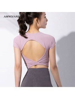 Open Back Yoga Tank Top With Built In Bra Sports Tops Gym Shirts For Women Jogging Fitness T Shirt Black Crop Top Sexy Clothing