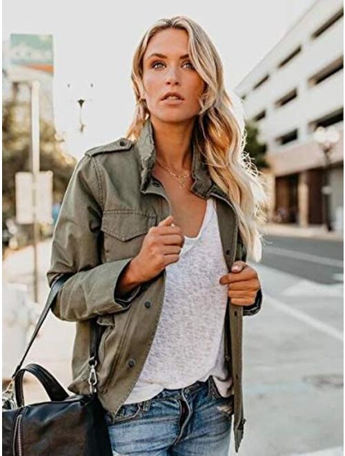 Womens Military Jacket Zip Up Snap Buttons Lightweight Utility Anorak Field Safari Coat Outwear
