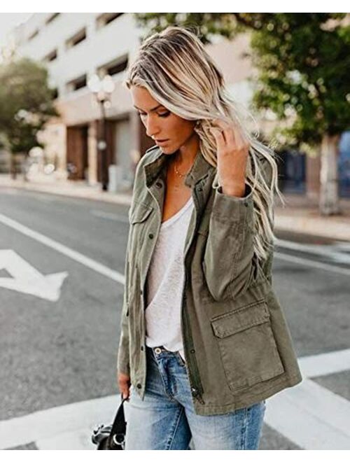 Womens Military Jacket Zip Up Snap Buttons Lightweight Utility Anorak Field Safari Coat Outwear