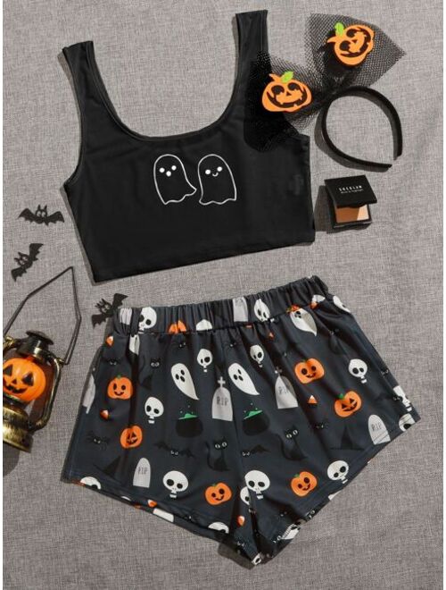 Shein Halloween Print Tank Top & Shorts PJ Set