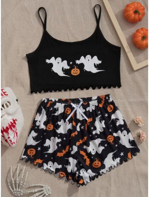Shein Halloween Ghost & Pumpkin Print Lettuce Trim Cami PJ Set