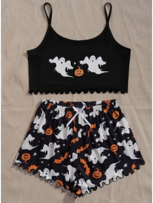 Shein Halloween Ghost & Pumpkin Print Lettuce Trim Cami PJ Set