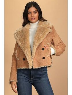 Chic Attitude Camel Suede Cropped Double-Breasted Coat