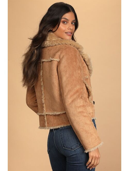 Lulus Chic Attitude Camel Suede Cropped Double-Breasted Coat