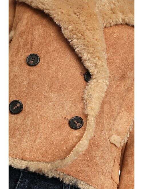 Lulus Chic Attitude Camel Suede Cropped Double-Breasted Coat