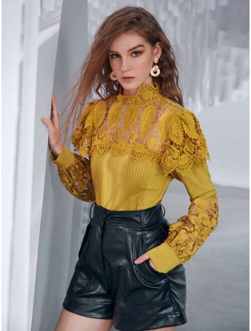 SHEIN Contrast Lace Bishop Sleeve Blouse