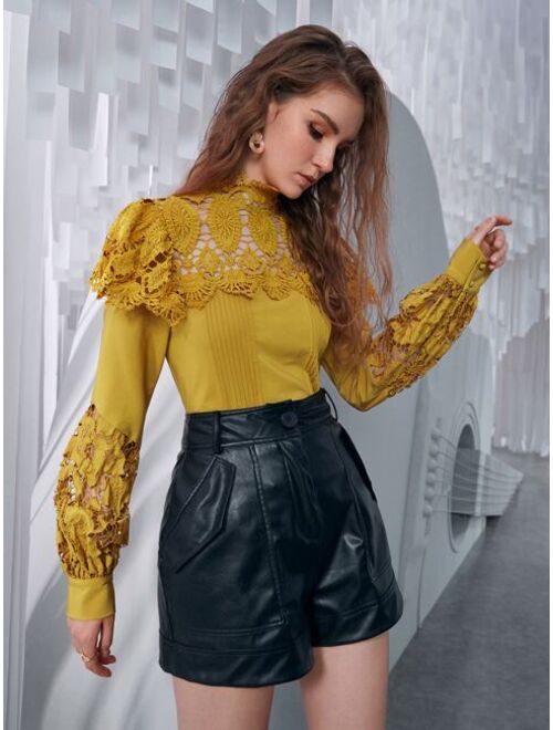 SHEIN Contrast Lace Bishop Sleeve Blouse