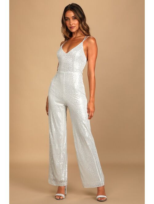 Lulus Isn't it Iconic Silver Sequin Strappy Jumpsuit