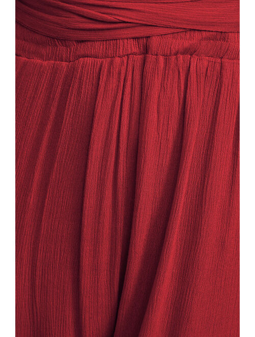Lulus Lolinda Berry Red Convertible Halter Jumpsuit