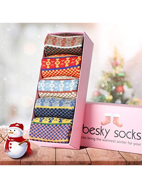 Women Winter Socks 5 Pairs Cotton Thick Knit Vintage Soft Cozy Casual Crew Socks