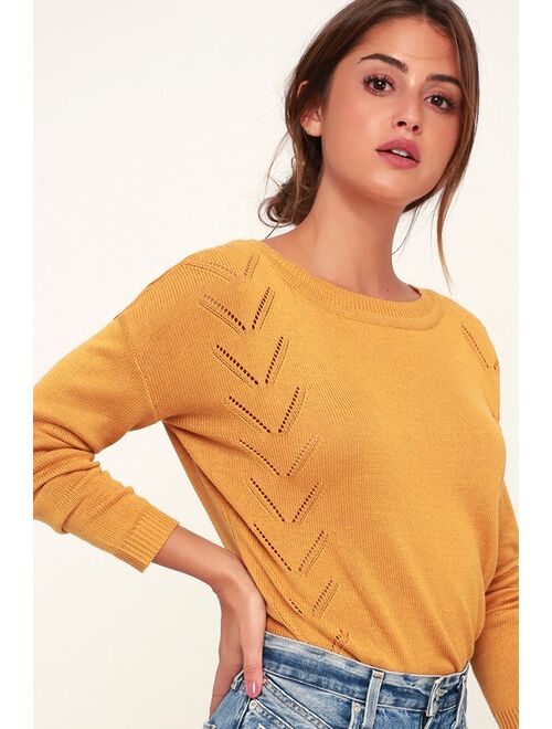 Lulus Pointelle Me More Mustard Yellow Knit Sweater