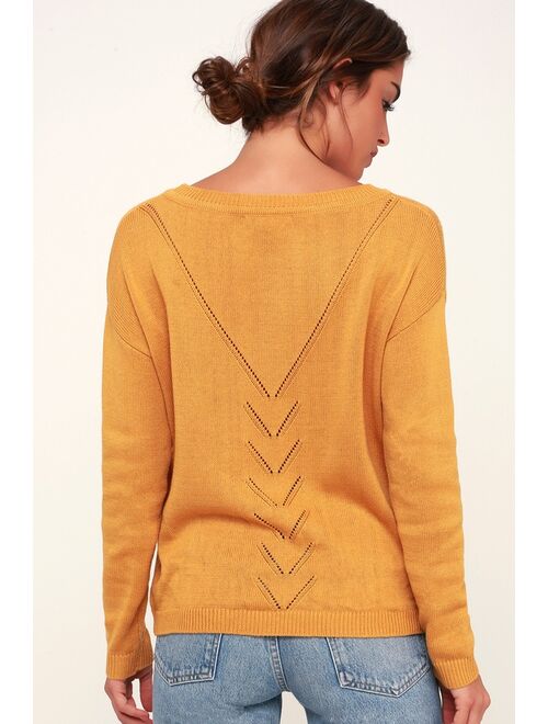 Lulus Pointelle Me More Mustard Yellow Knit Sweater