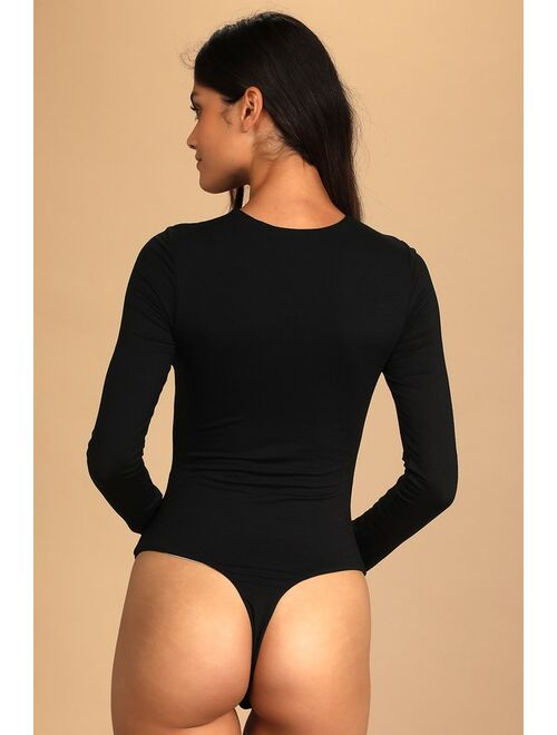 Lulus Trendy Twist Black Twist-Front Long Sleeve Bodysuit