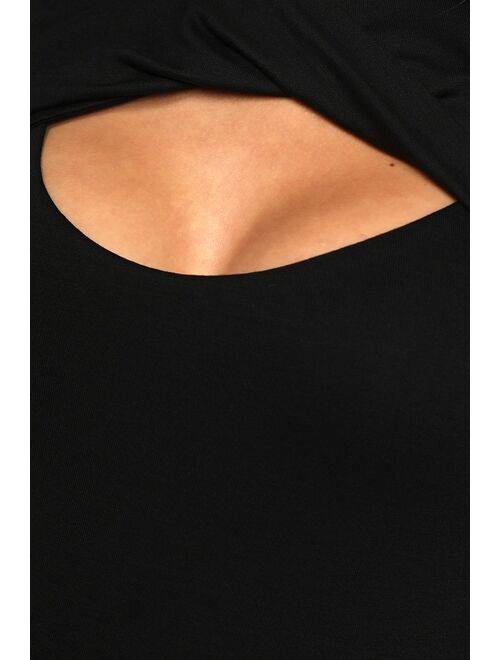 Lulus Trendy Twist Black Twist-Front Long Sleeve Bodysuit
